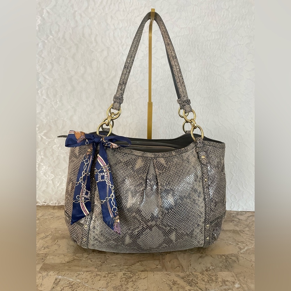 Coach Elegant Snakeskin Patterned Handbag with Scarf Accent F22231